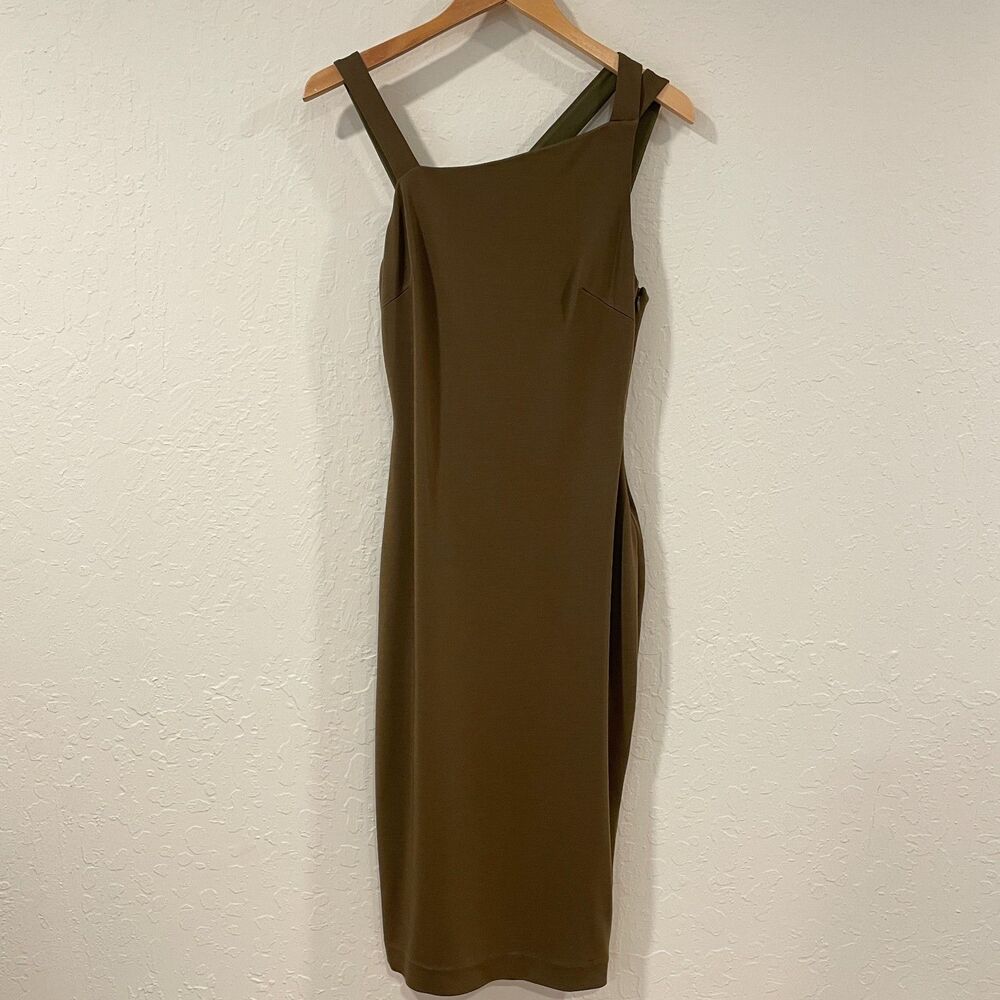 ~ Lauren Ralph Lauren 8 Cocktail Dress LRL Lined Midi Stretch Olive Asymmetrical - Picture 1 of 16